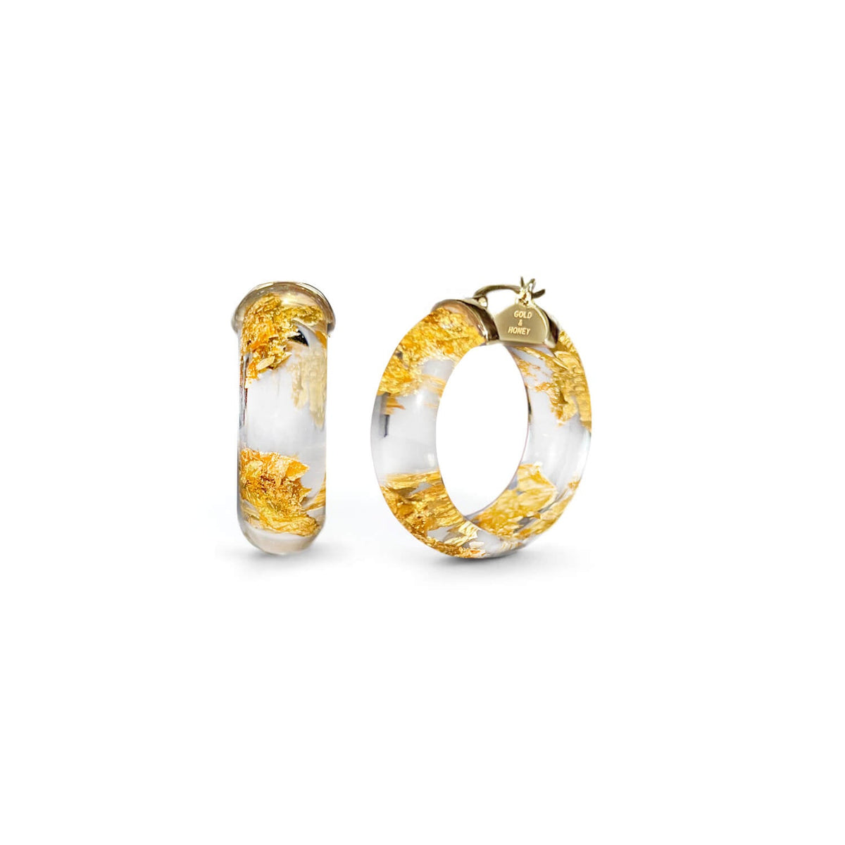 Gold & Honey Mini Gold Leaf Lucite Hoop Earrings