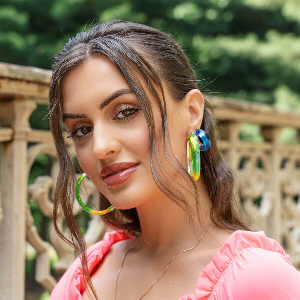 Gold & Honey Tie Dye Lucite Hoops in Green & Yellow