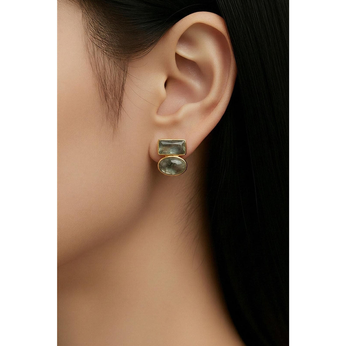 Jane Diaz Gold Plated Oval Cabochon and Baguette Stud Earrings - Sarasotabydesign