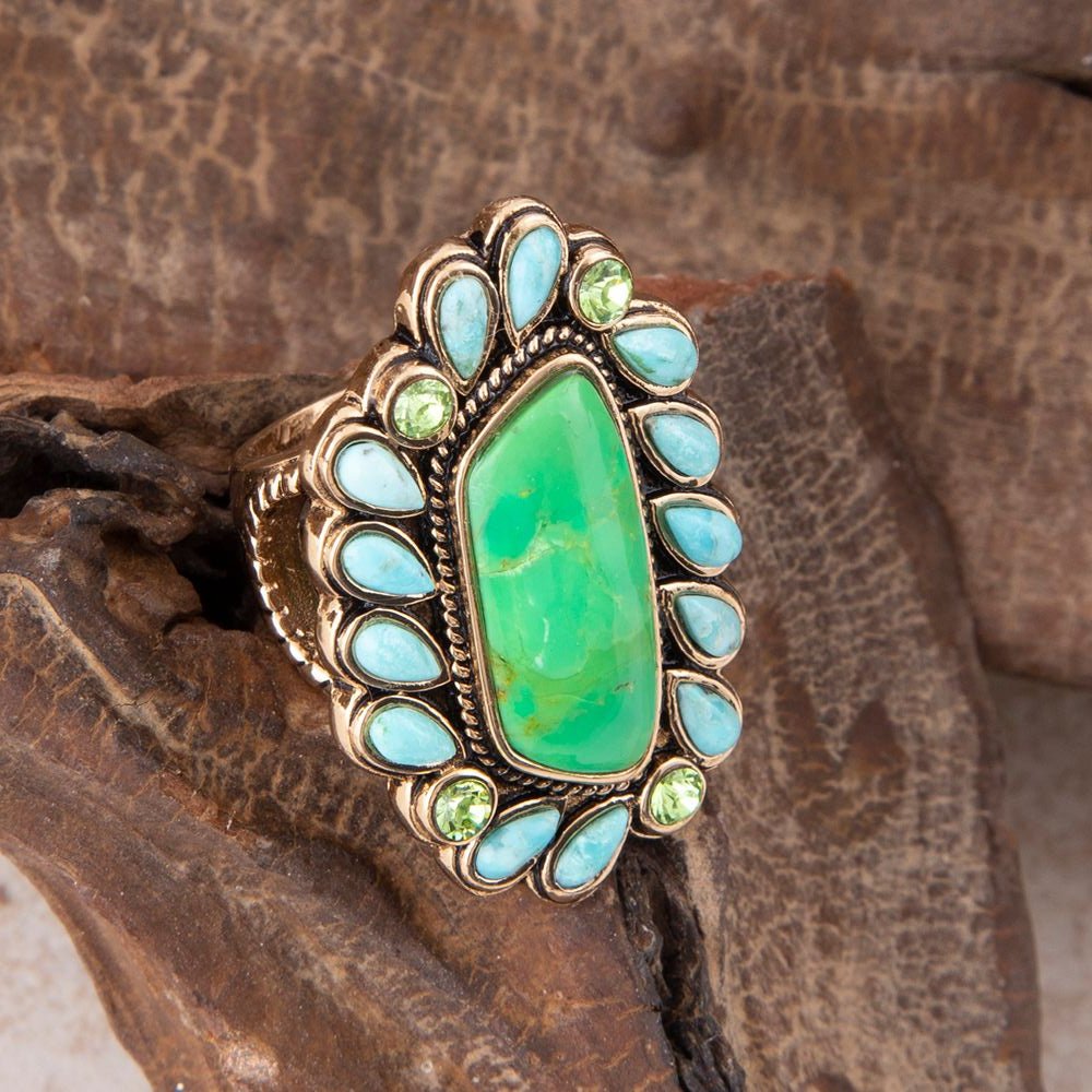 Barse Jewelry Legacy Lime Green and Blue Turquoise Golden Statement Ring