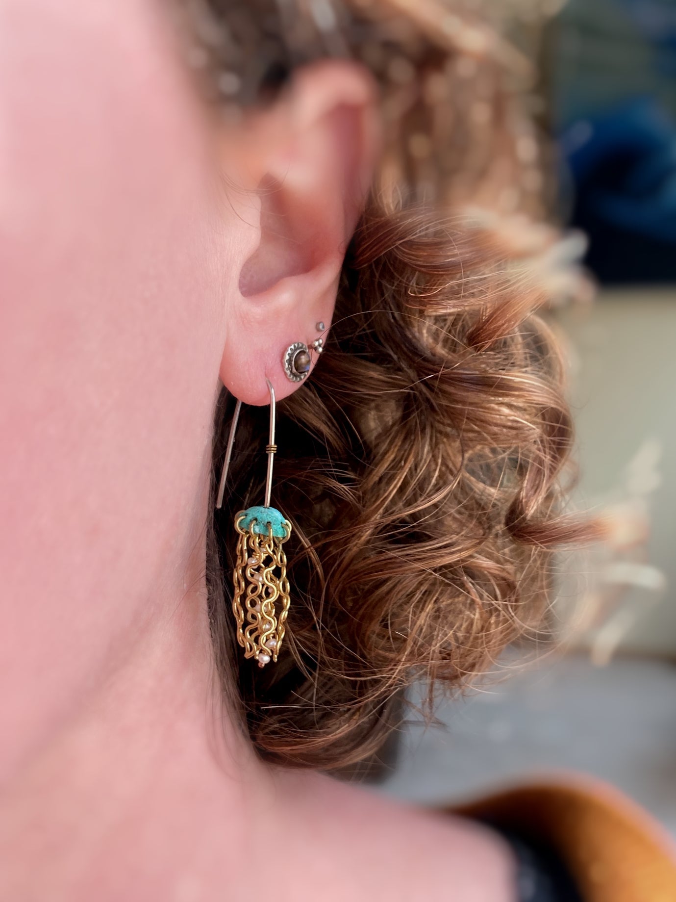 Alison Morse Mini Green Jellyfish Earrings with White Pearls and Hypoallergenic Niobium Earwires