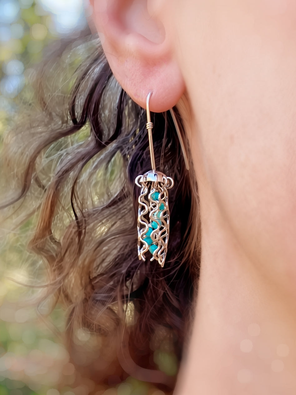 Alison Morse Mini Jellyfish Earrings in Sterling Silver with Turquoise Beads and Hypoallergenic Niobium Earwires