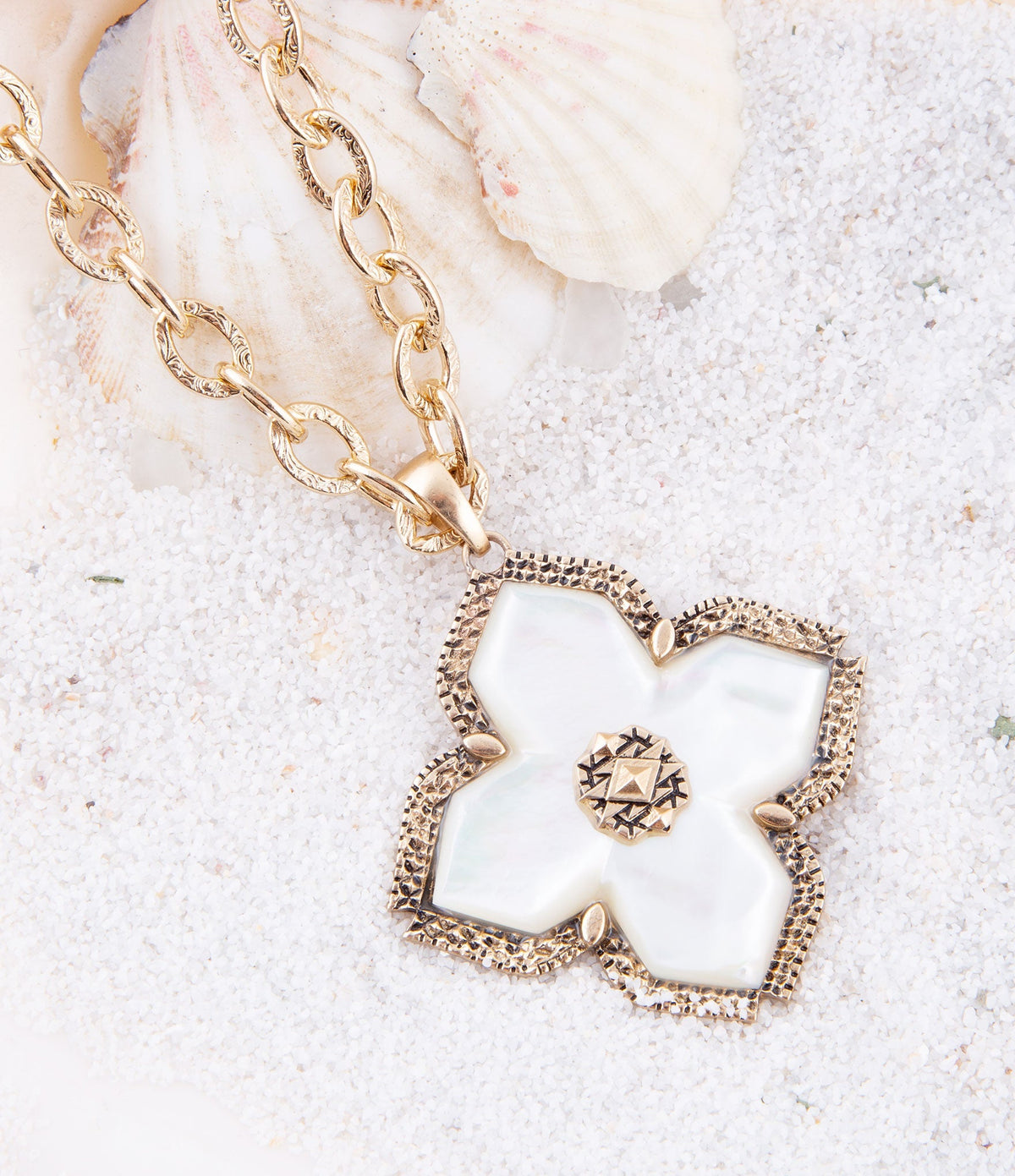 Barse Jewelry Maltese Cross White Mother of Pearl Golden Chain Pendant Necklace