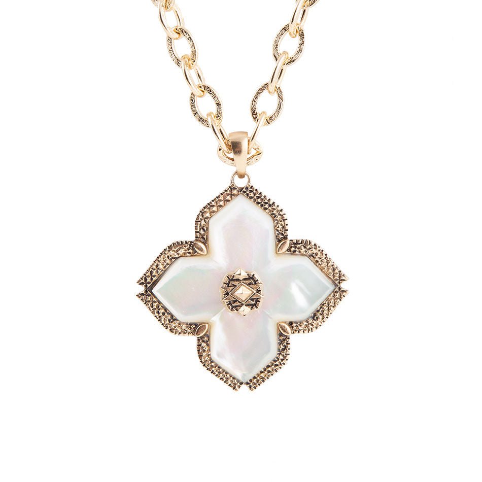 Barse Jewelry Maltese Cross White Mother of Pearl Golden Chain Pendant Necklace