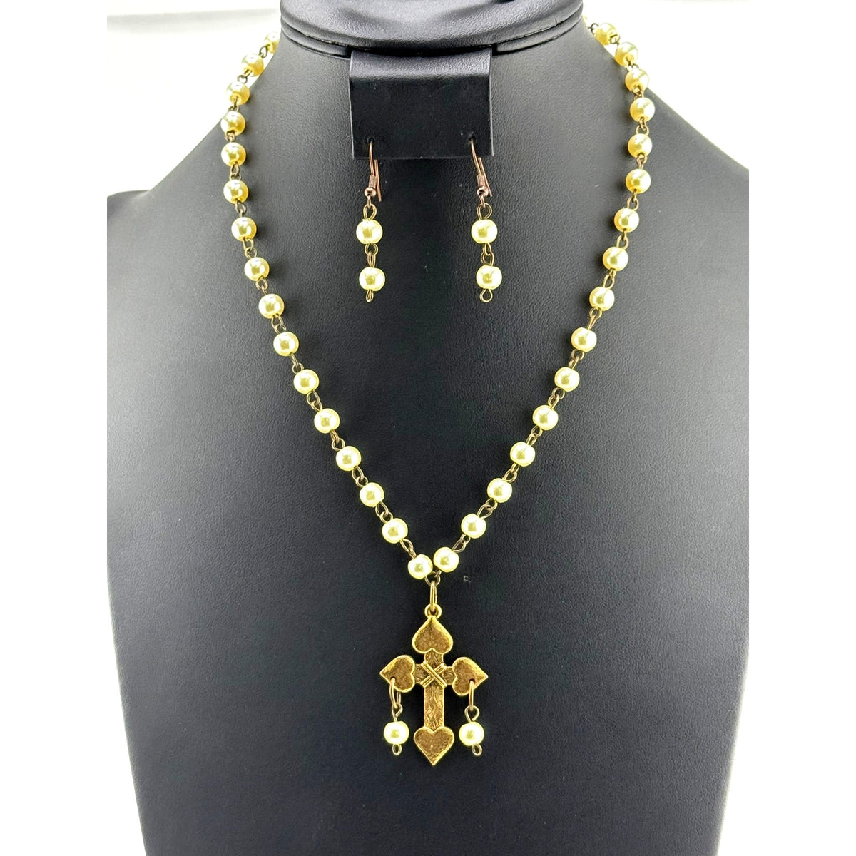 Native American Rosary Style Chain Pearl Beaded Cross Necklace Earrings Set