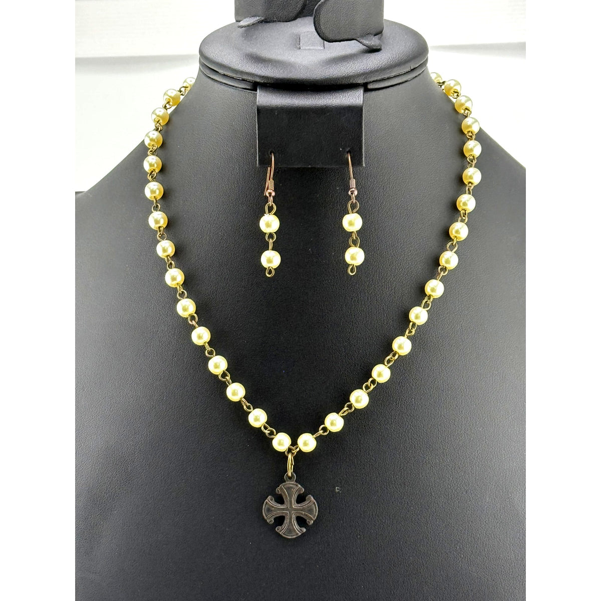 Native American Rosary Style Chain Pearl Cross Necklace Earrings Set