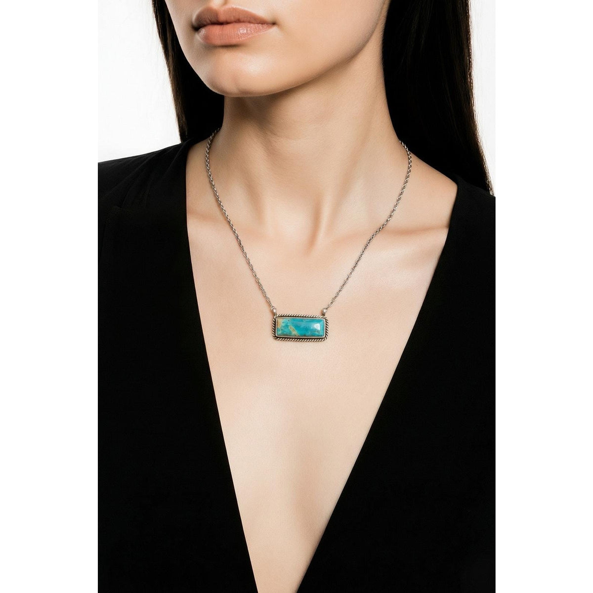 Navajo Donovan Skeets Sterling Silver Kingman Turquoise Bar Pendant Necklace - Sarasotabydesign