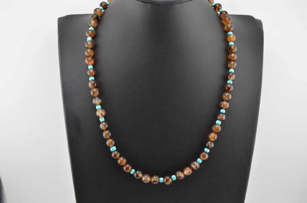 Navajo Mary W. Roanhorse Carved Brown Agate and Glass Necklace