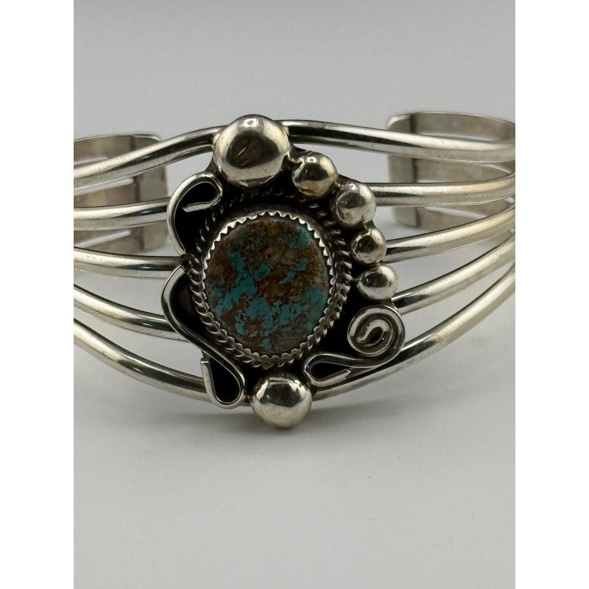 Navajo Ray Nez Sterling Silver Turquoise Cabochon Cuff Bracelet - Sarasotabydesign