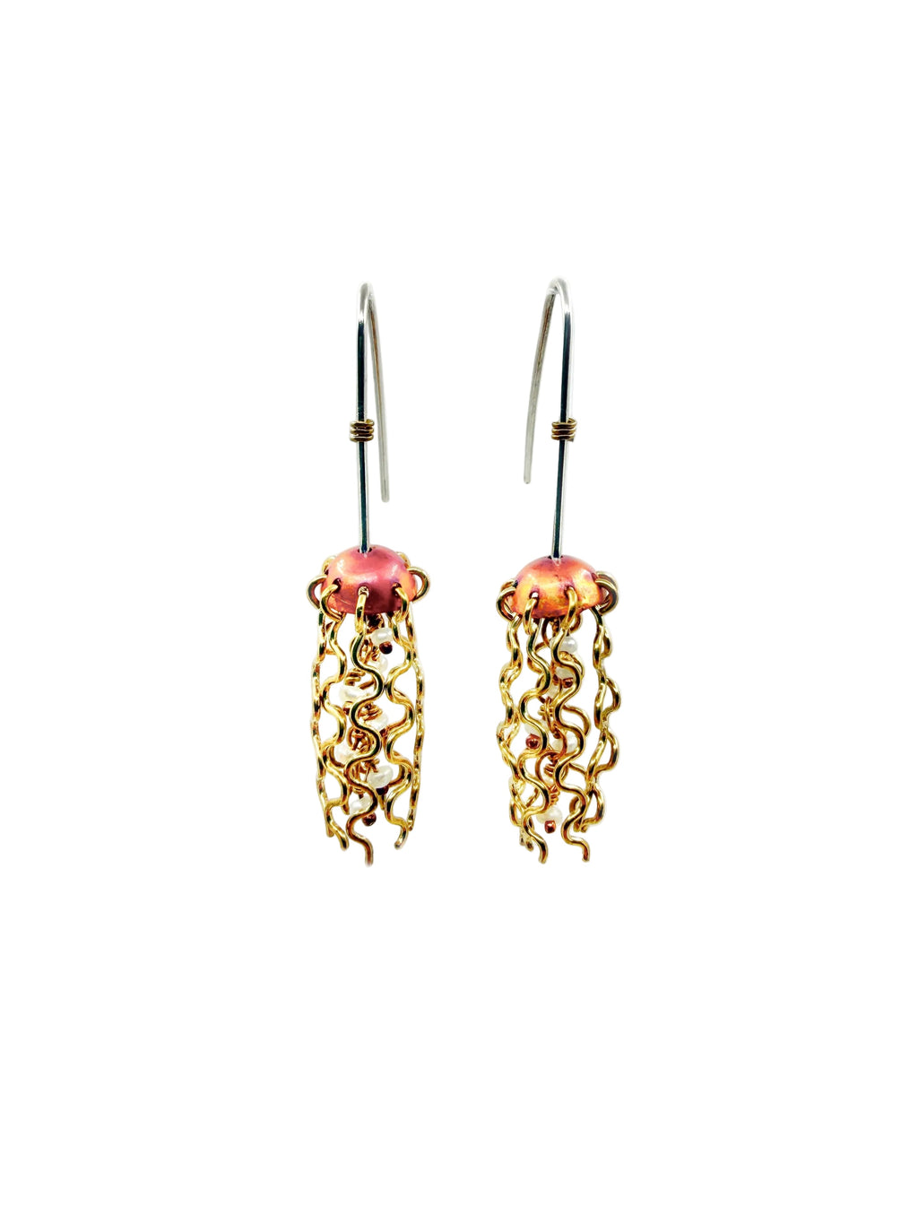 Alison Morse Mini Red Copper Jellyfish Earrings with White Pearls and Hypoallergenic Niobium Earwires