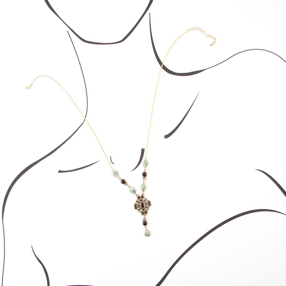 Barse Jewelry Barcelona Black Onyx and Blue Turquoise Golden Y-Necklace
