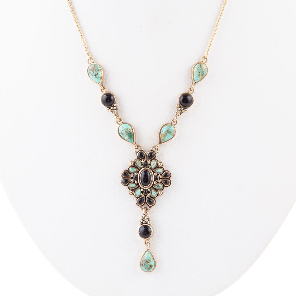 Barse Jewelry Barcelona Black Onyx and Blue Turquoise Golden Y-Necklace