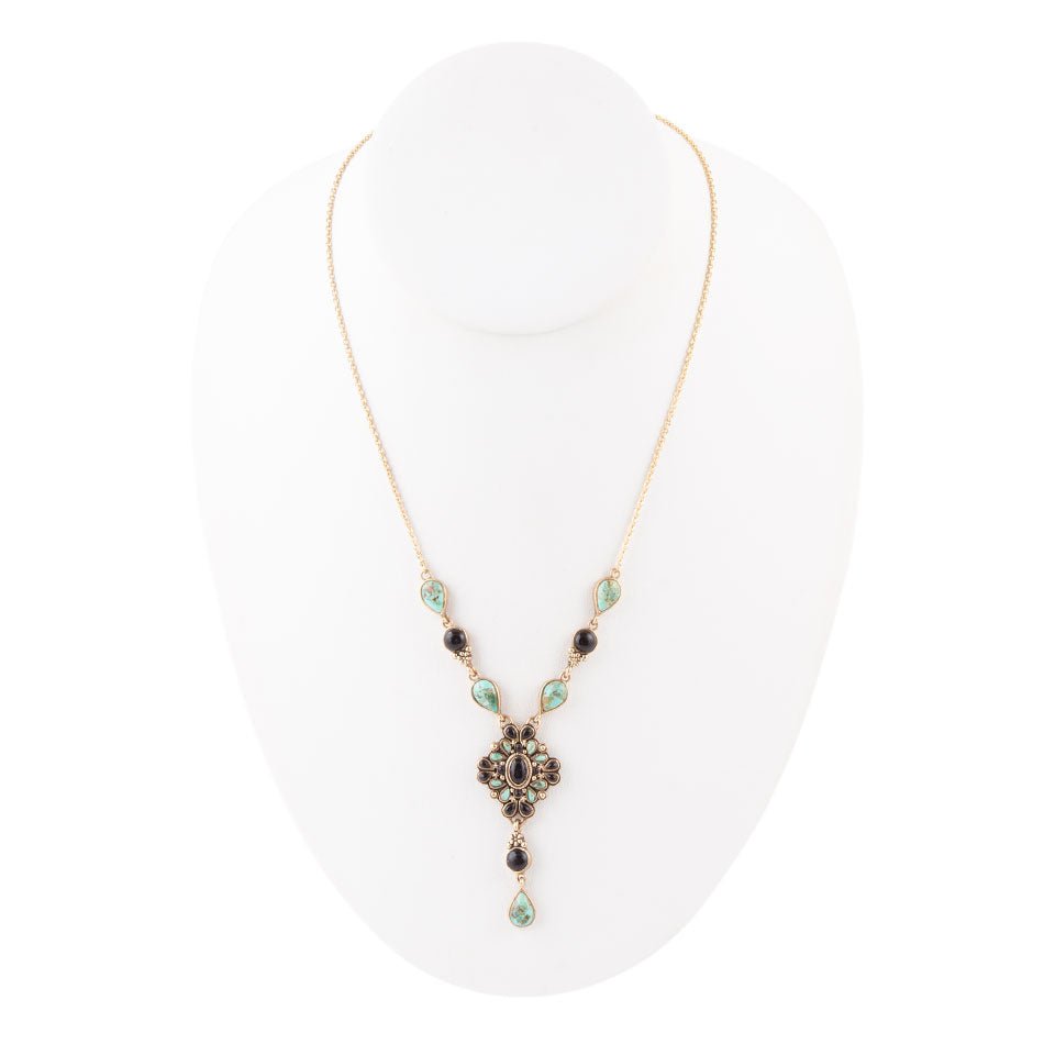 Barse Jewelry Barcelona Black Onyx and Blue Turquoise Golden Y-Necklace
