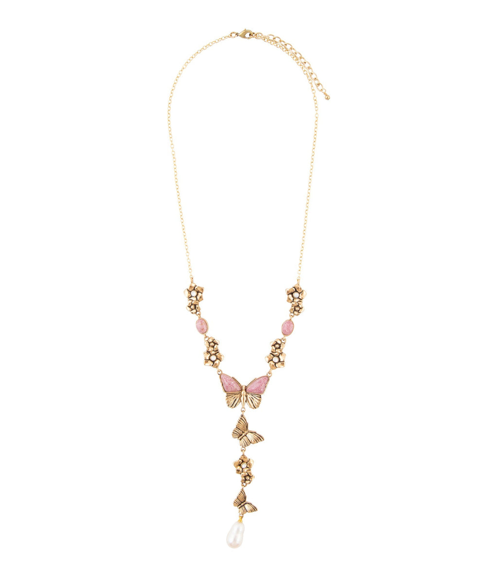 Barse Jewelry Pink Rhodonite and White Pearl Golden Butterflies Y Necklace