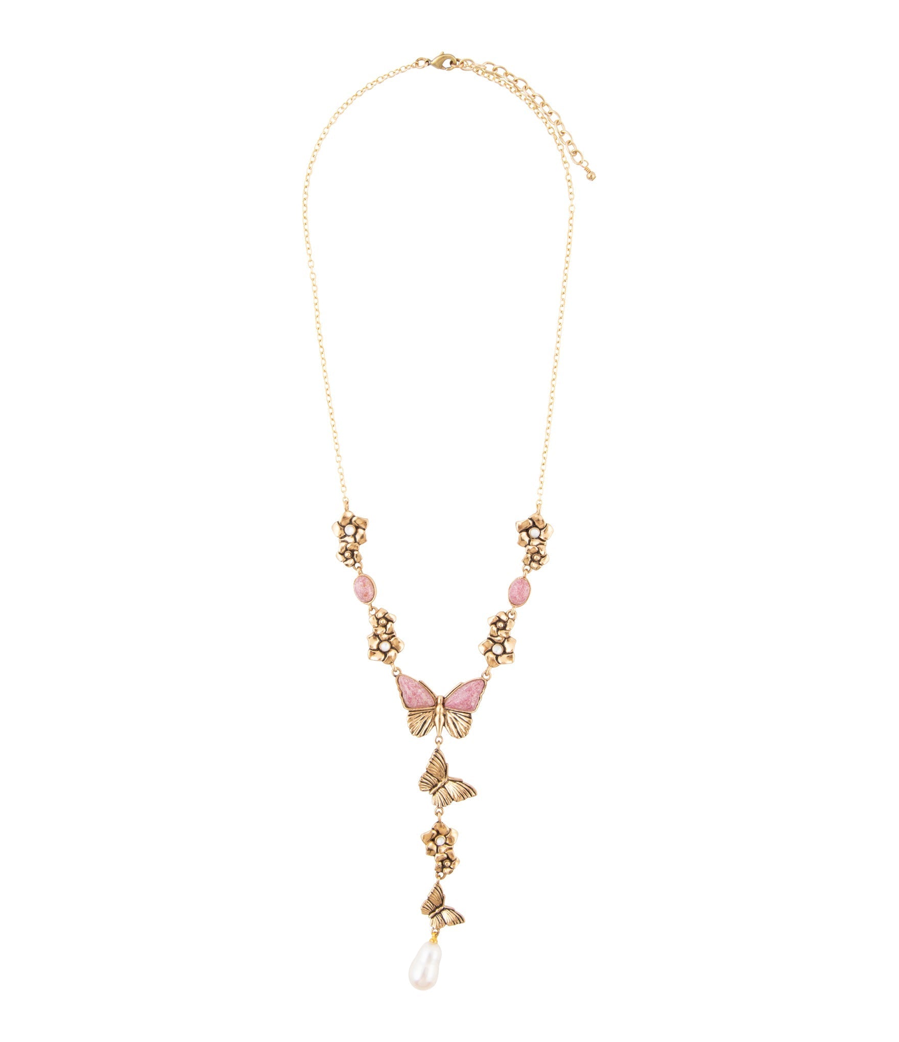 Barse Jewelry Pink Rhodonite and White Pearl Golden Butterflies Y Necklace