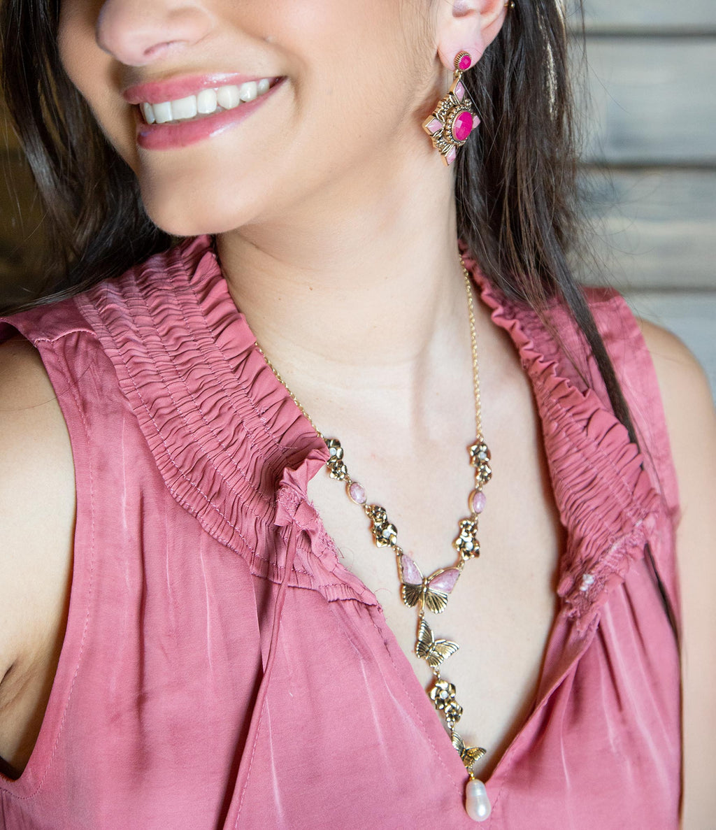 Barse Jewelry Pink Rhodonite and White Pearl Golden Butterflies Y Necklace