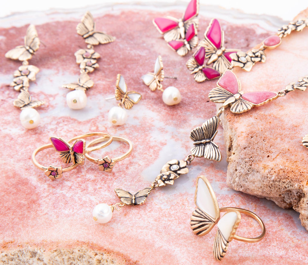 Barse Jewelry Pink Rhodonite and White Pearl Golden Butterflies Y Necklace