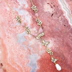 Barse Jewelry Pink Rhodonite and White Pearl Golden Butterflies Y Necklace