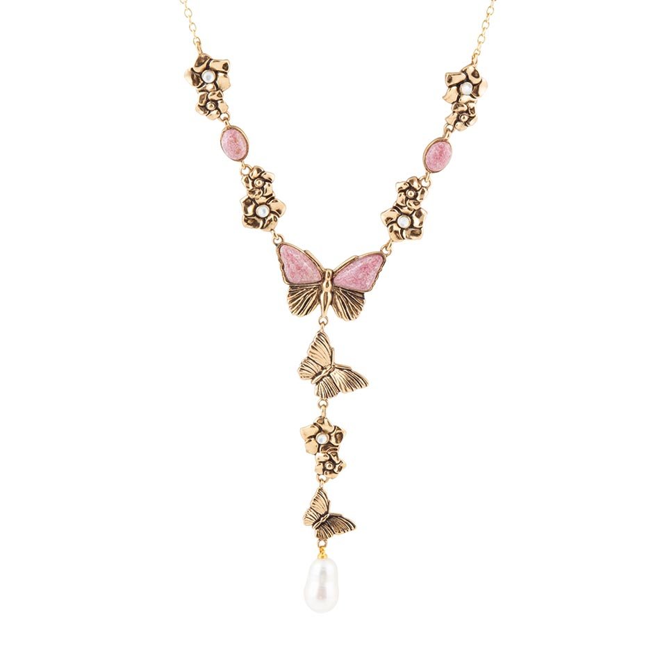 Barse Jewelry Pink Rhodonite and White Pearl Golden Butterflies Y Necklace