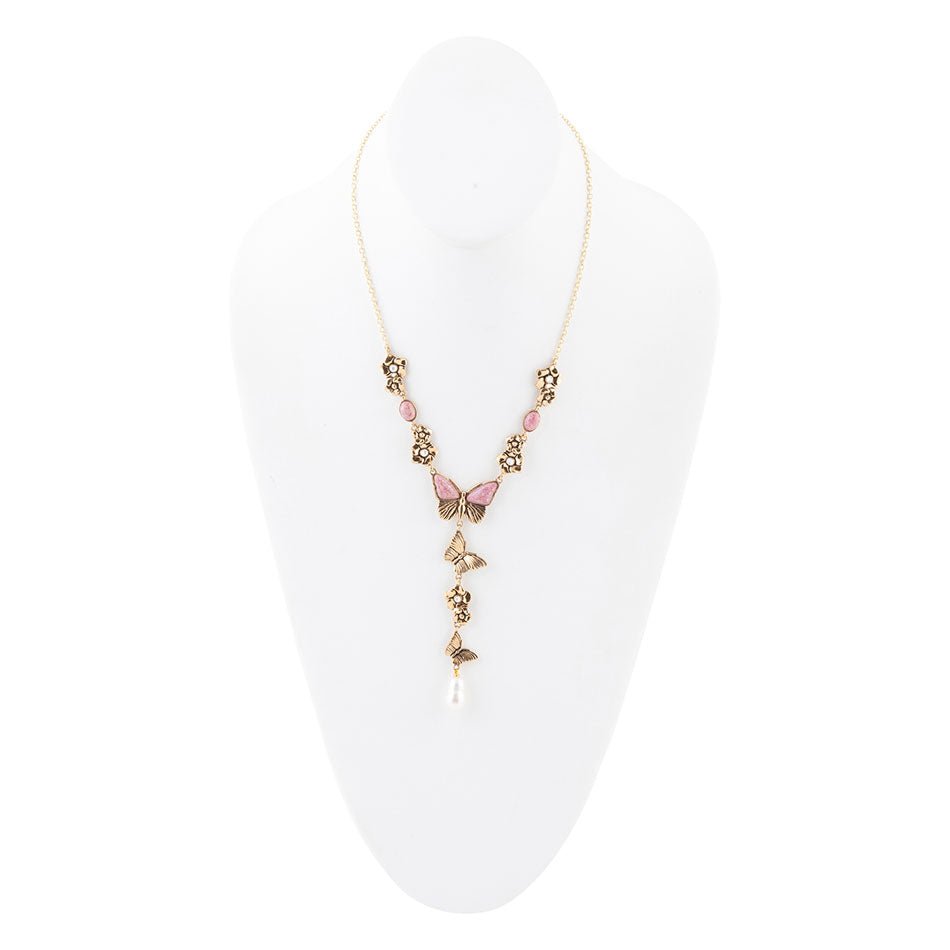 Barse Jewelry Pink Rhodonite and White Pearl Golden Butterflies Y Necklace