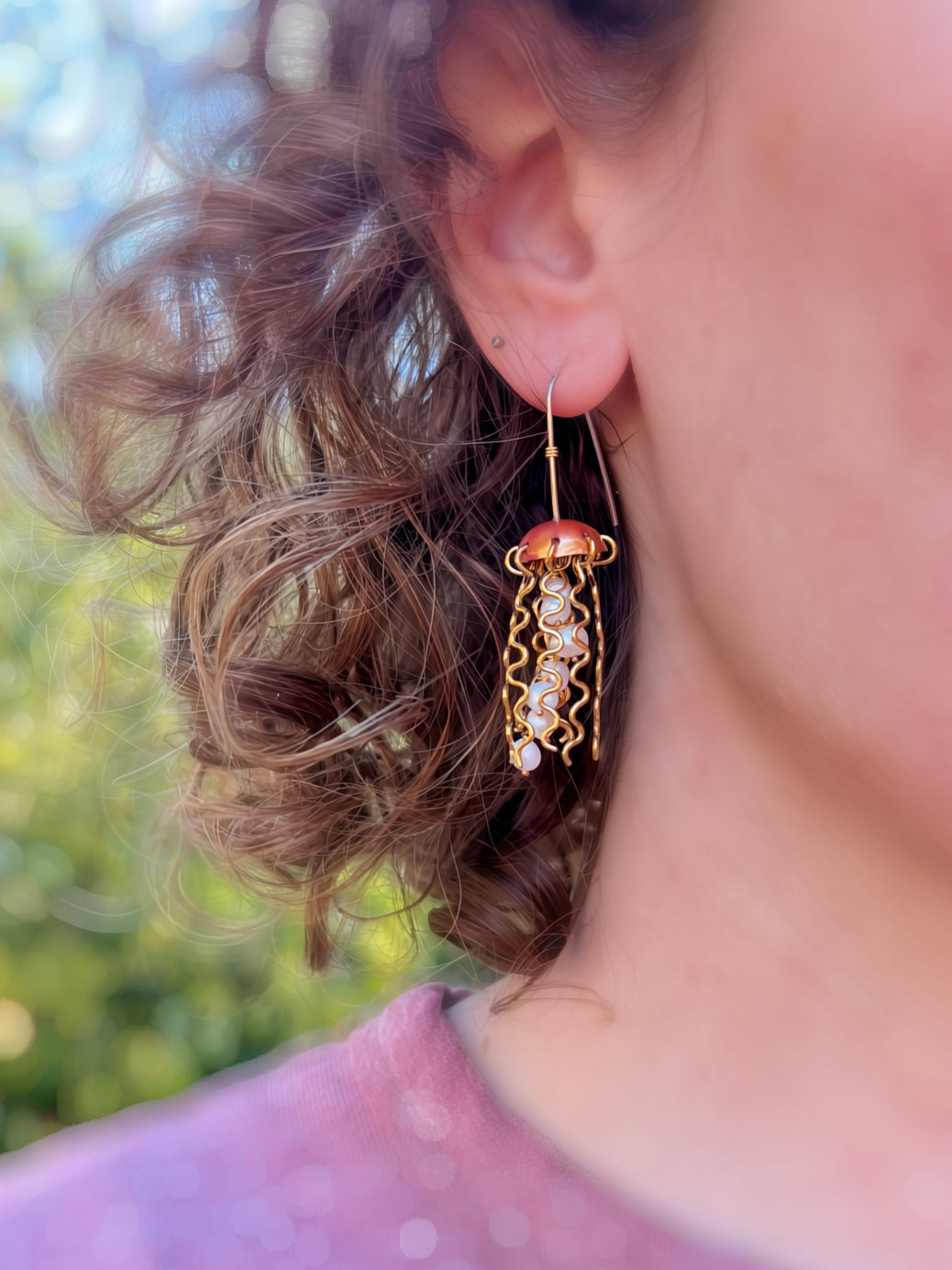 Alison Morse Red Copper Jellyfish Earrings with White Pearls and Hypoallergenic Niobium Earwires
