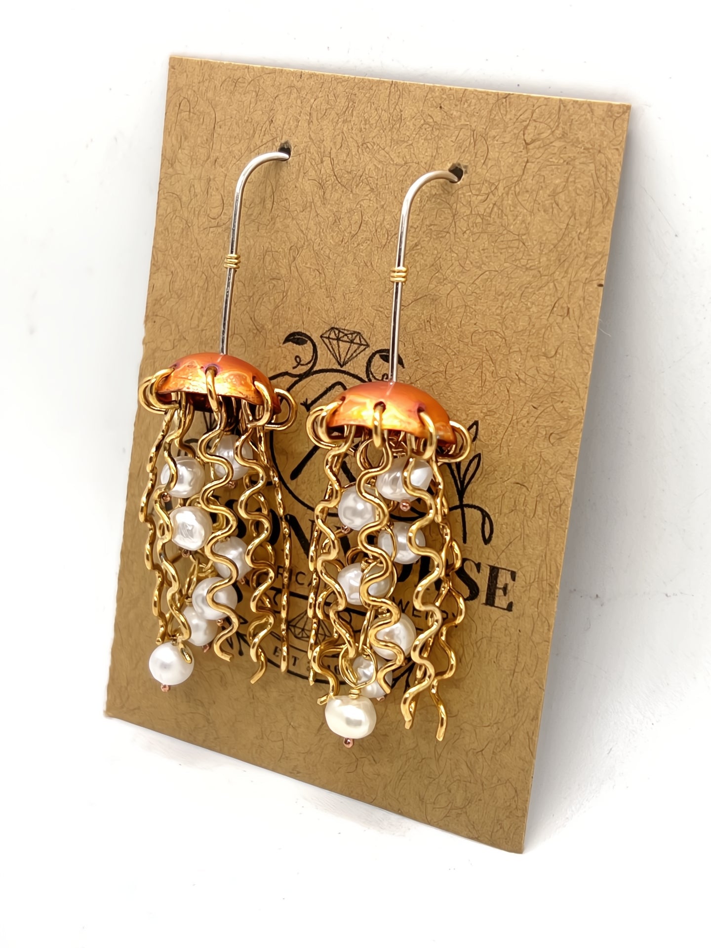 Alison Morse Red Copper Jellyfish Earrings with White Pearls and Hypoallergenic Niobium Earwires