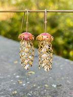 Alison Morse Red Copper Jellyfish Earrings with White Pearls and Hypoallergenic Niobium Earwires