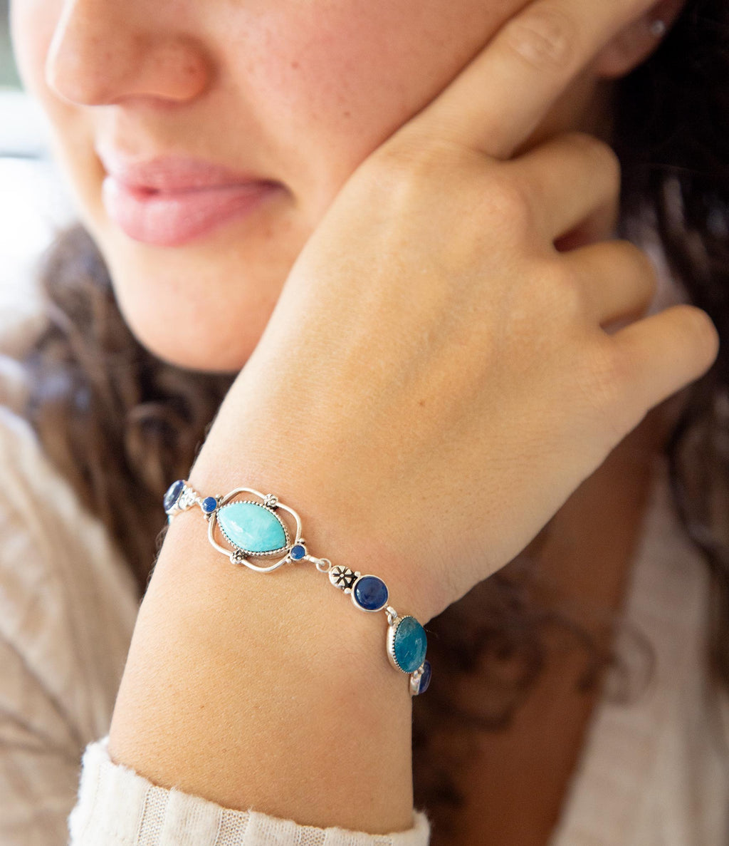 Barse Jewelry Regal Blue Turquoise and Apatite Sterling Silver Link Bracelet