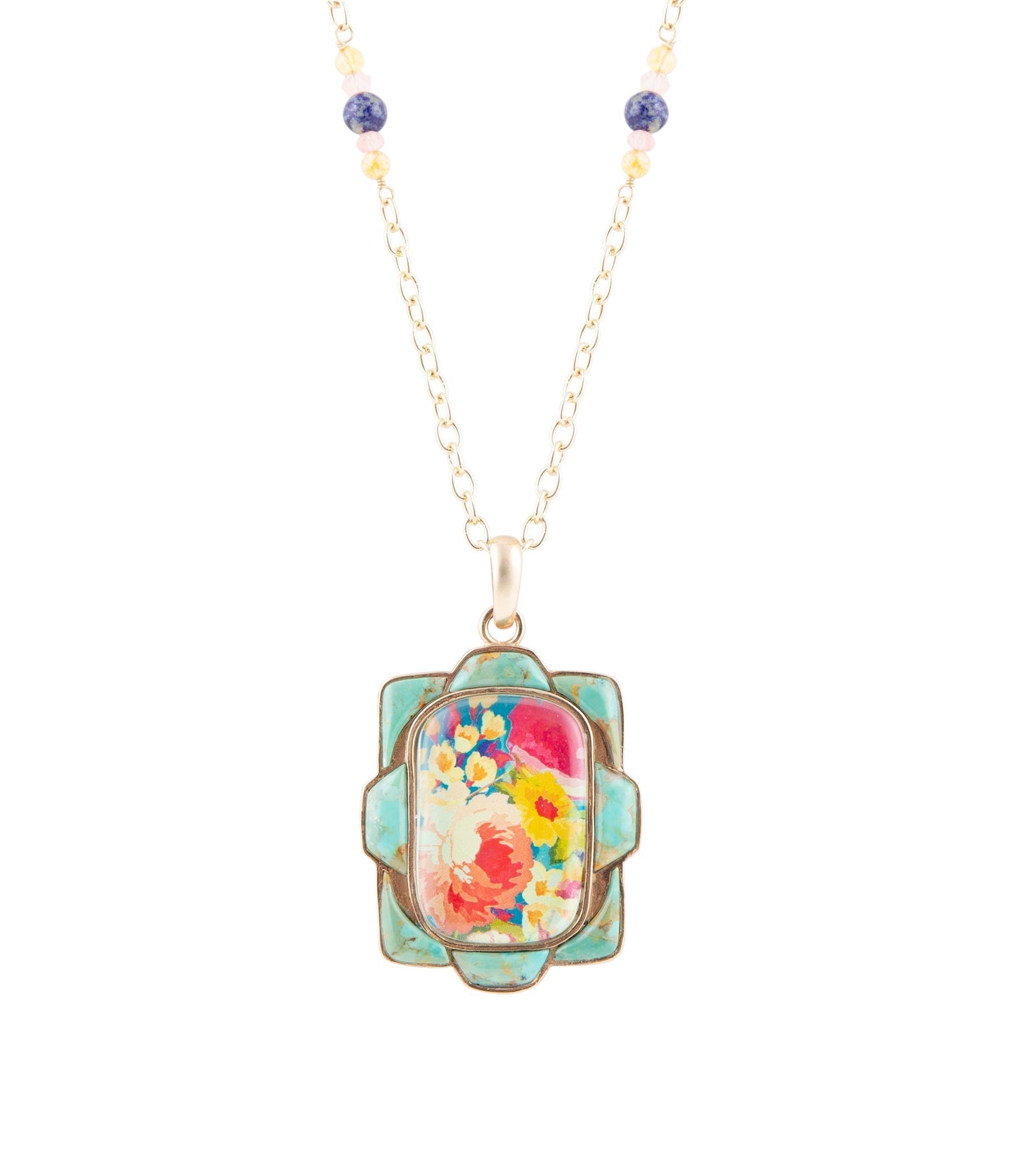 Barse Jewelry Scenic Floral and Blue Turquoise Golden Pendant Necklace