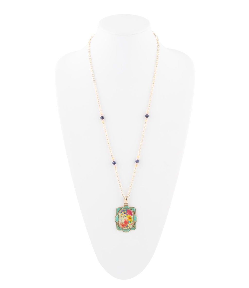 Barse Jewelry Scenic Floral and Blue Turquoise Golden Pendant Necklace