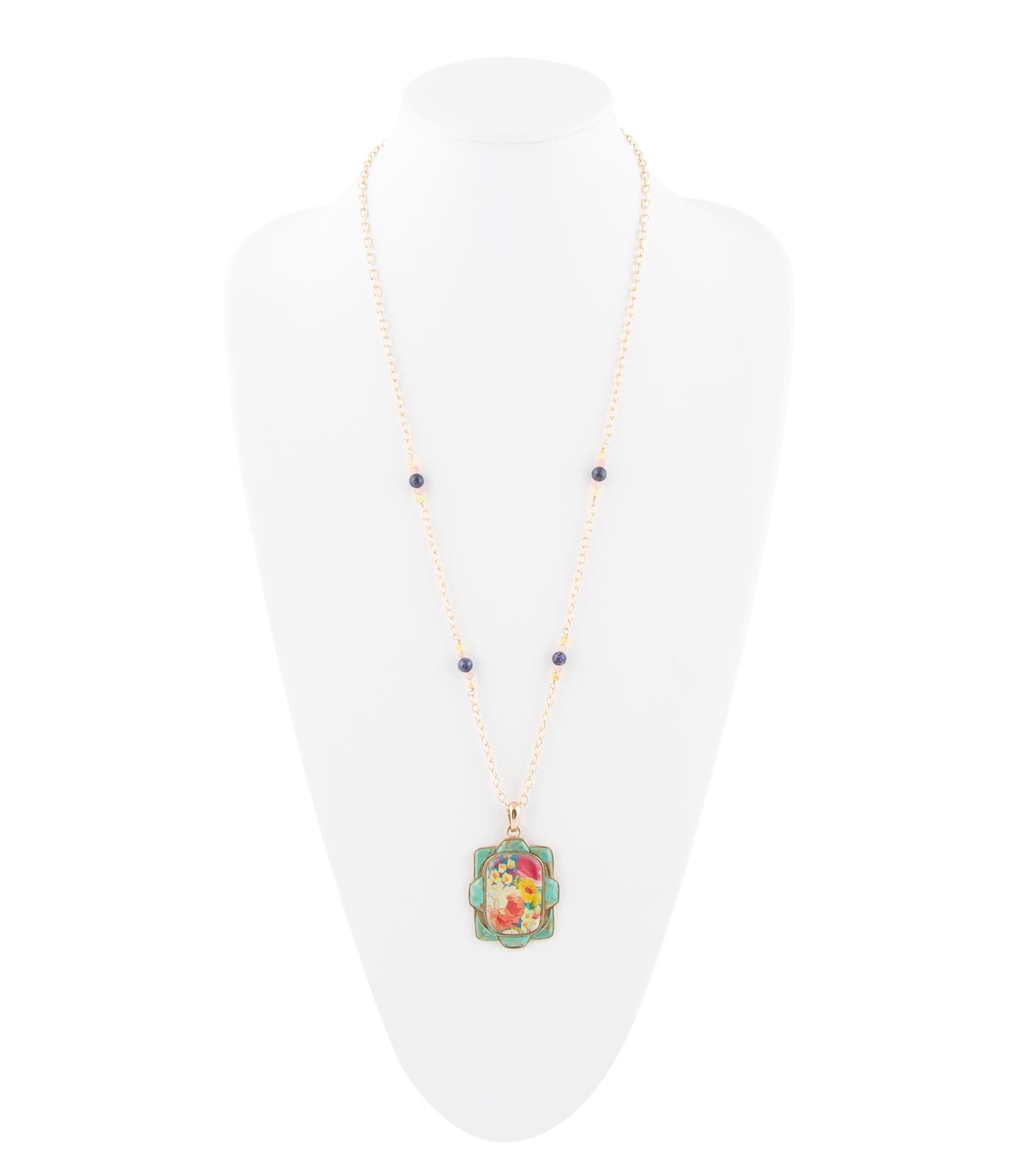 Barse Jewelry Scenic Floral and Blue Turquoise Golden Pendant Necklace
