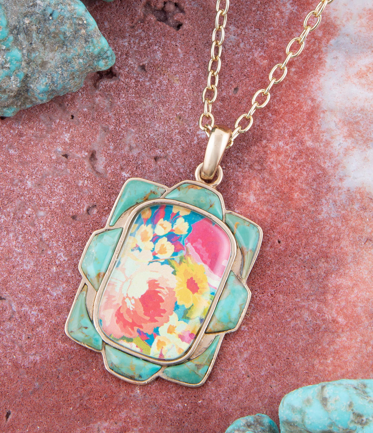 Barse Jewelry Scenic Floral and Blue Turquoise Golden Pendant Necklace