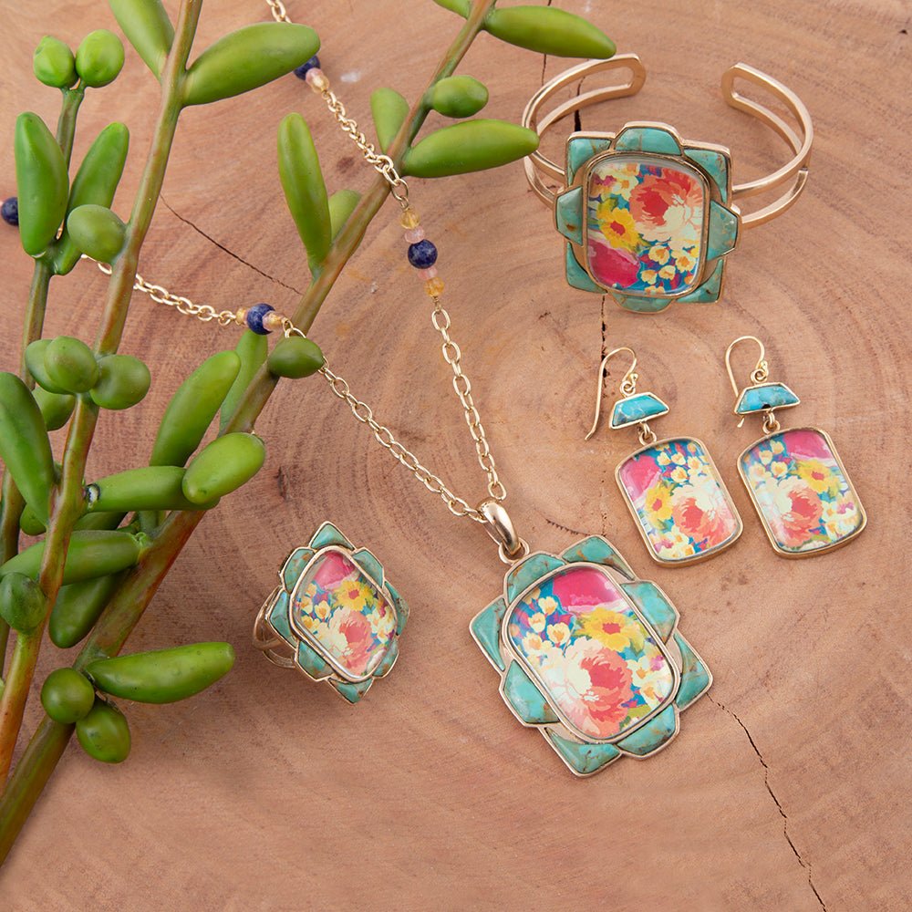 Barse Jewelry Scenic Floral and Blue Turquoise Golden Pendant Necklace
