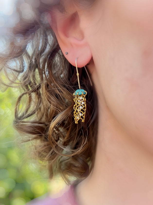 Alison Morse Mini Green Jellyfish Earrings with White Pearls and Hypoallergenic Niobium Earwires