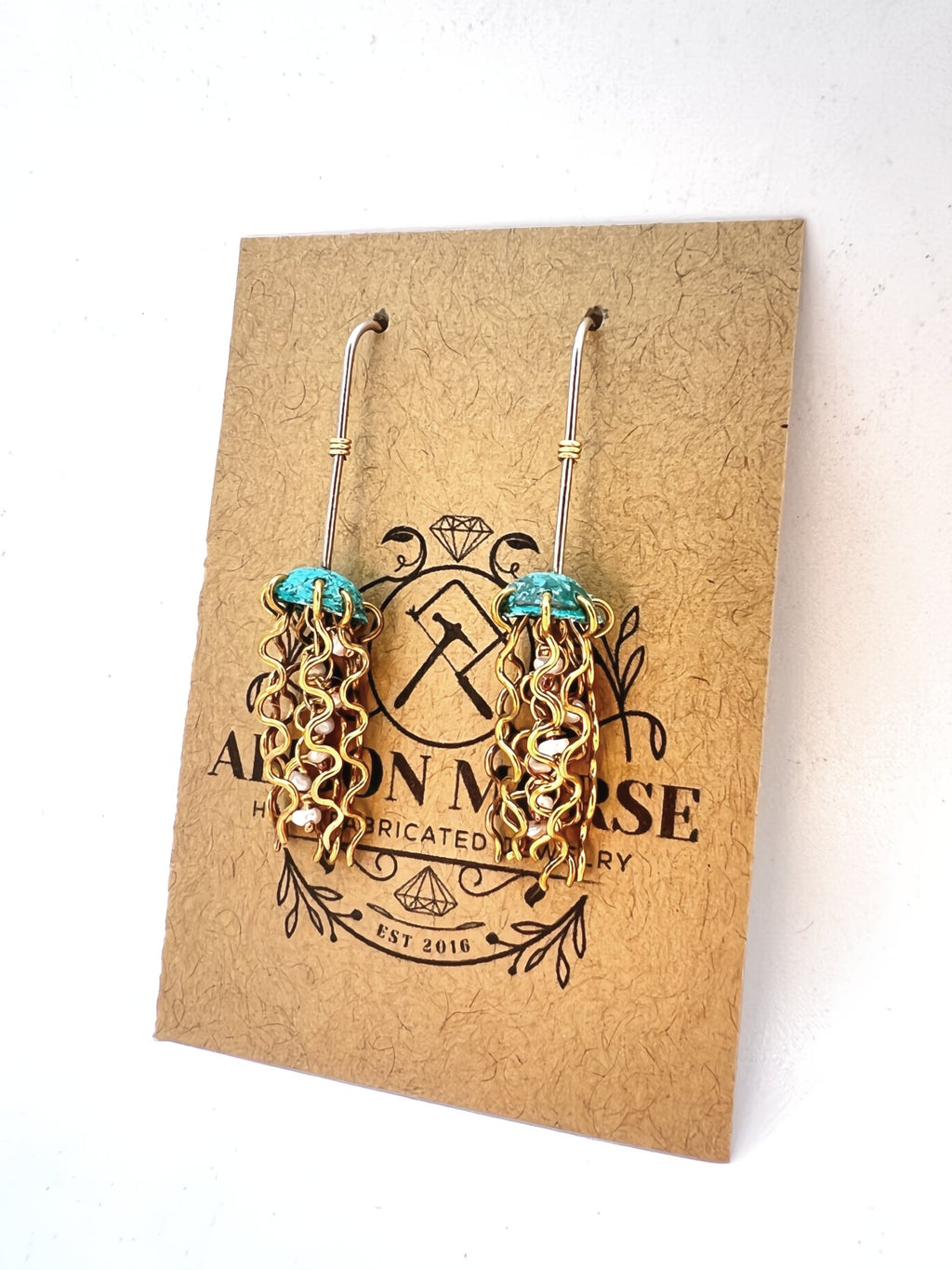 Alison Morse Mini Green Jellyfish Earrings with White Pearls and Hypoallergenic Niobium Earwires