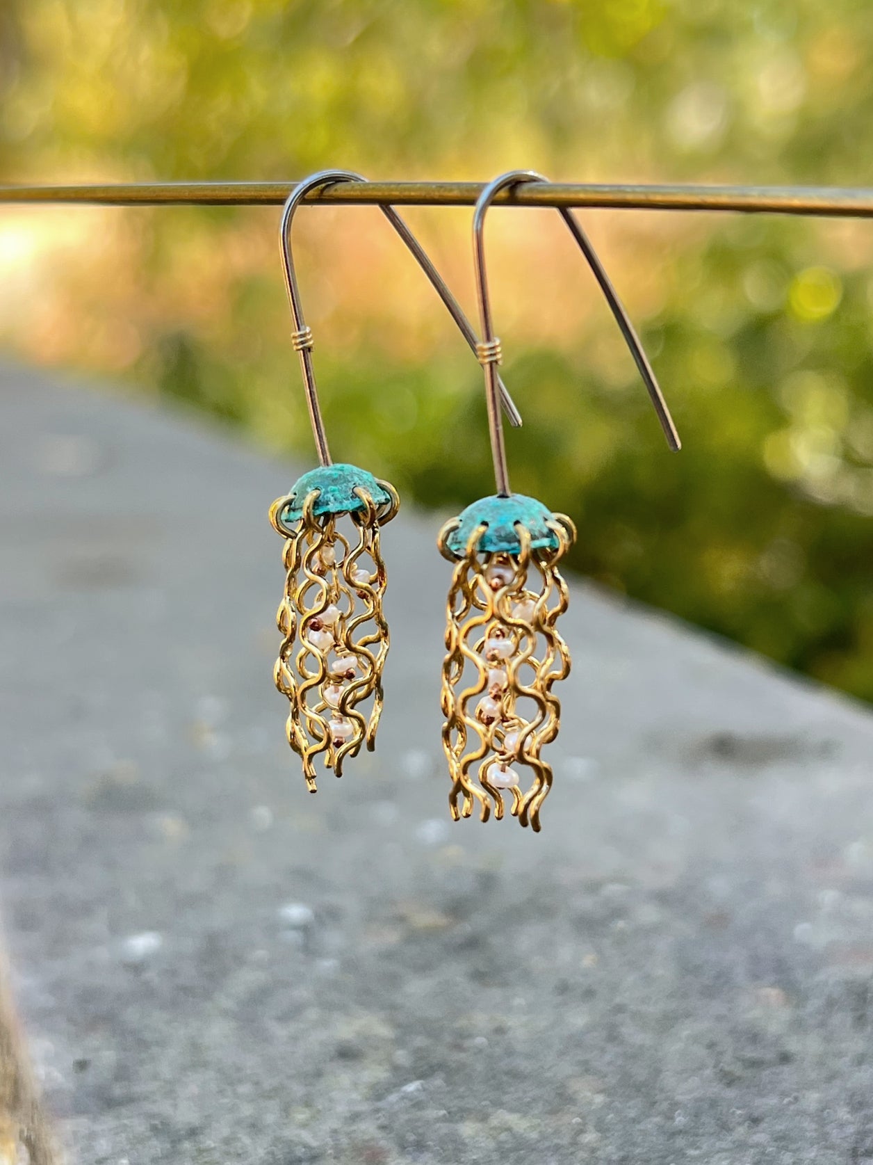 Alison Morse Mini Green Jellyfish Earrings with White Pearls and Hypoallergenic Niobium Earwires