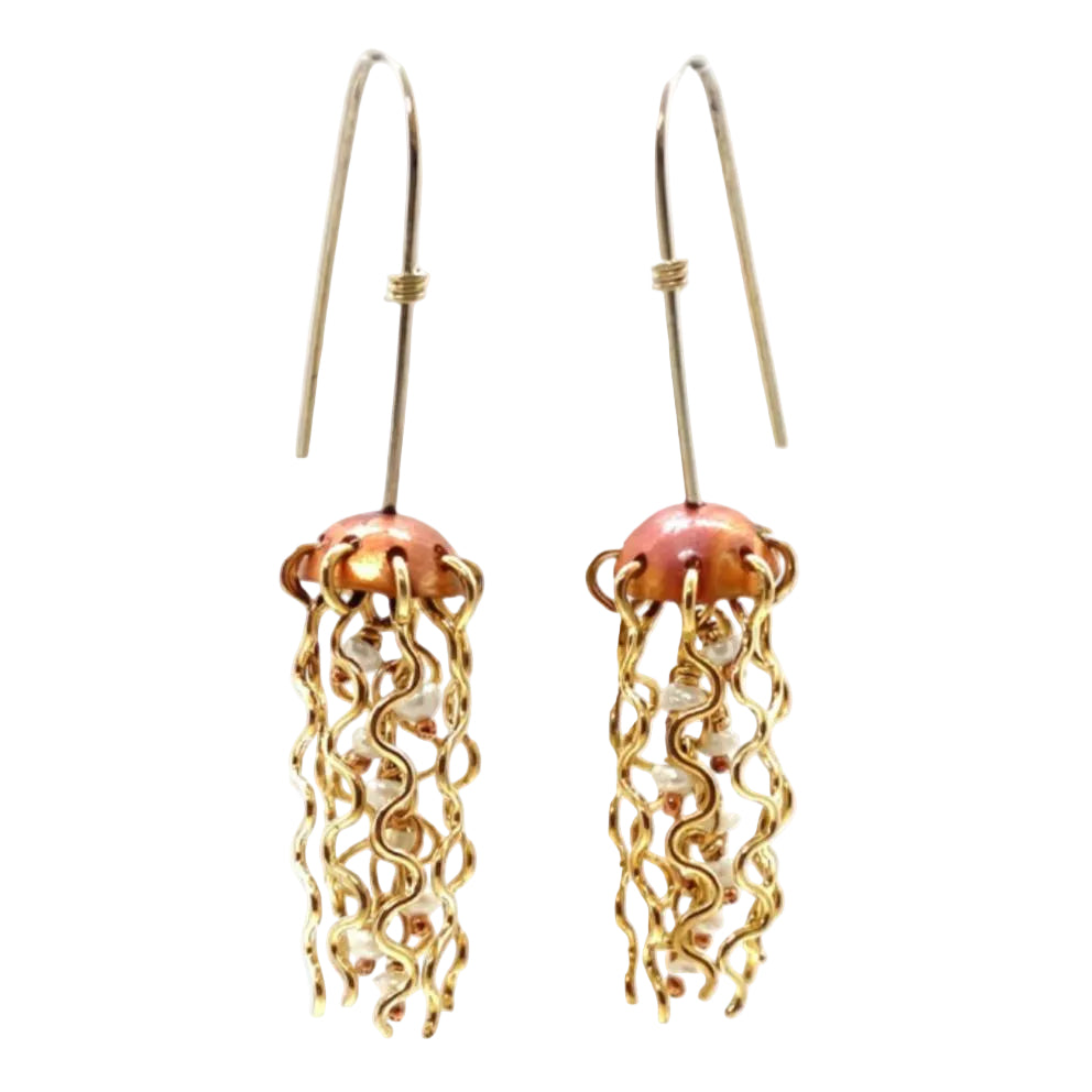 Alison Morse Mini Red Copper Jellyfish Earrings with White Pearls and Hypoallergenic Niobium Earwires