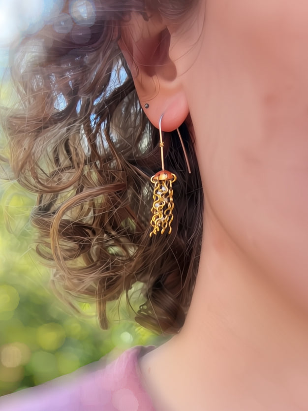 Alison Morse Mini Red Copper Jellyfish Earrings with White Pearls and Hypoallergenic Niobium Earwires