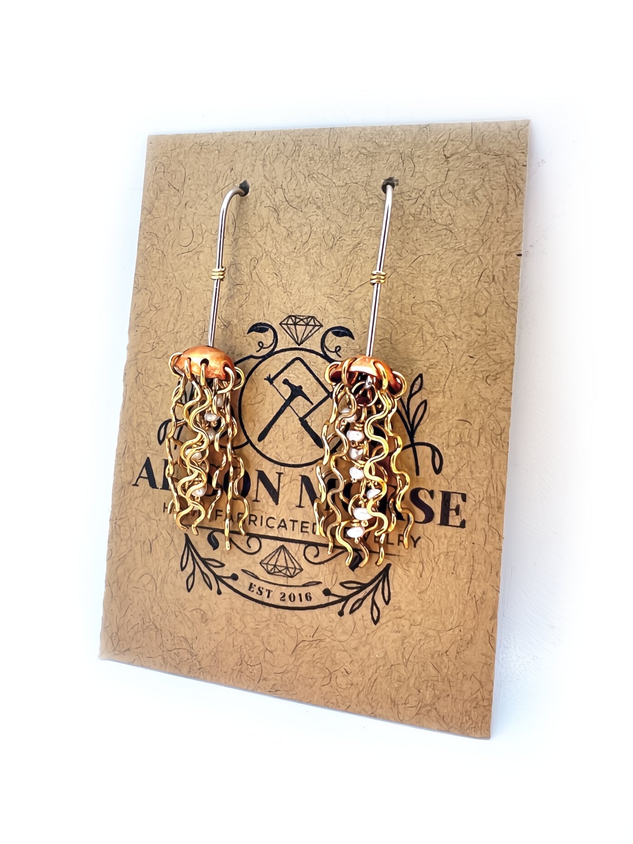 Alison Morse Mini Red Copper Jellyfish Earrings with White Pearls and Hypoallergenic Niobium Earwires