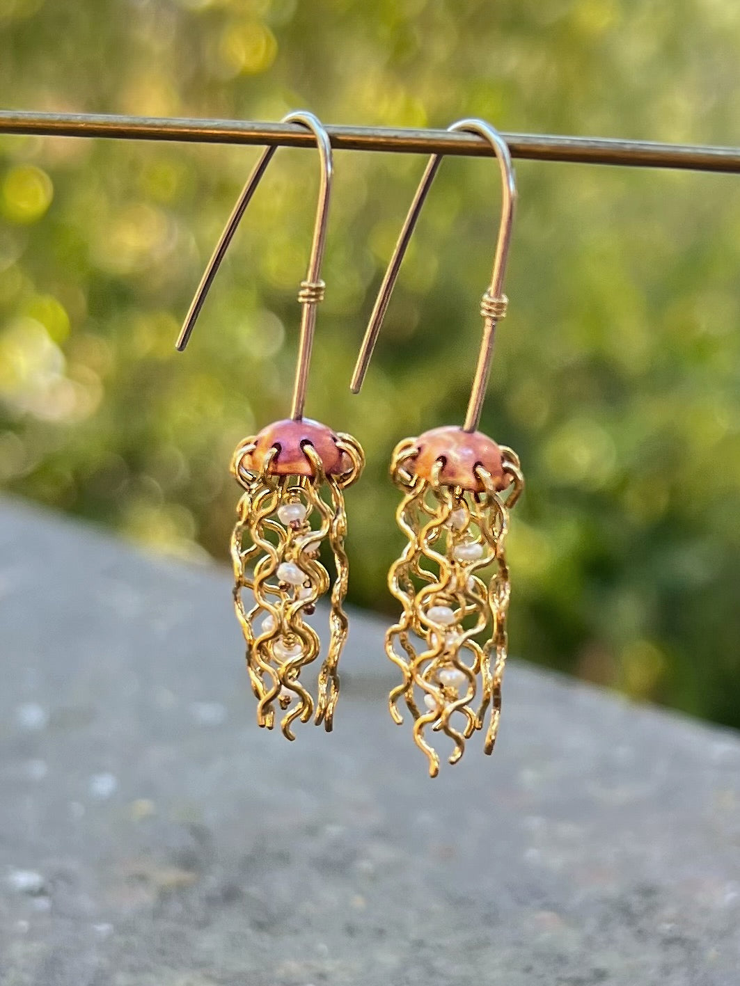 Alison Morse Mini Red Copper Jellyfish Earrings with White Pearls and Hypoallergenic Niobium Earwires