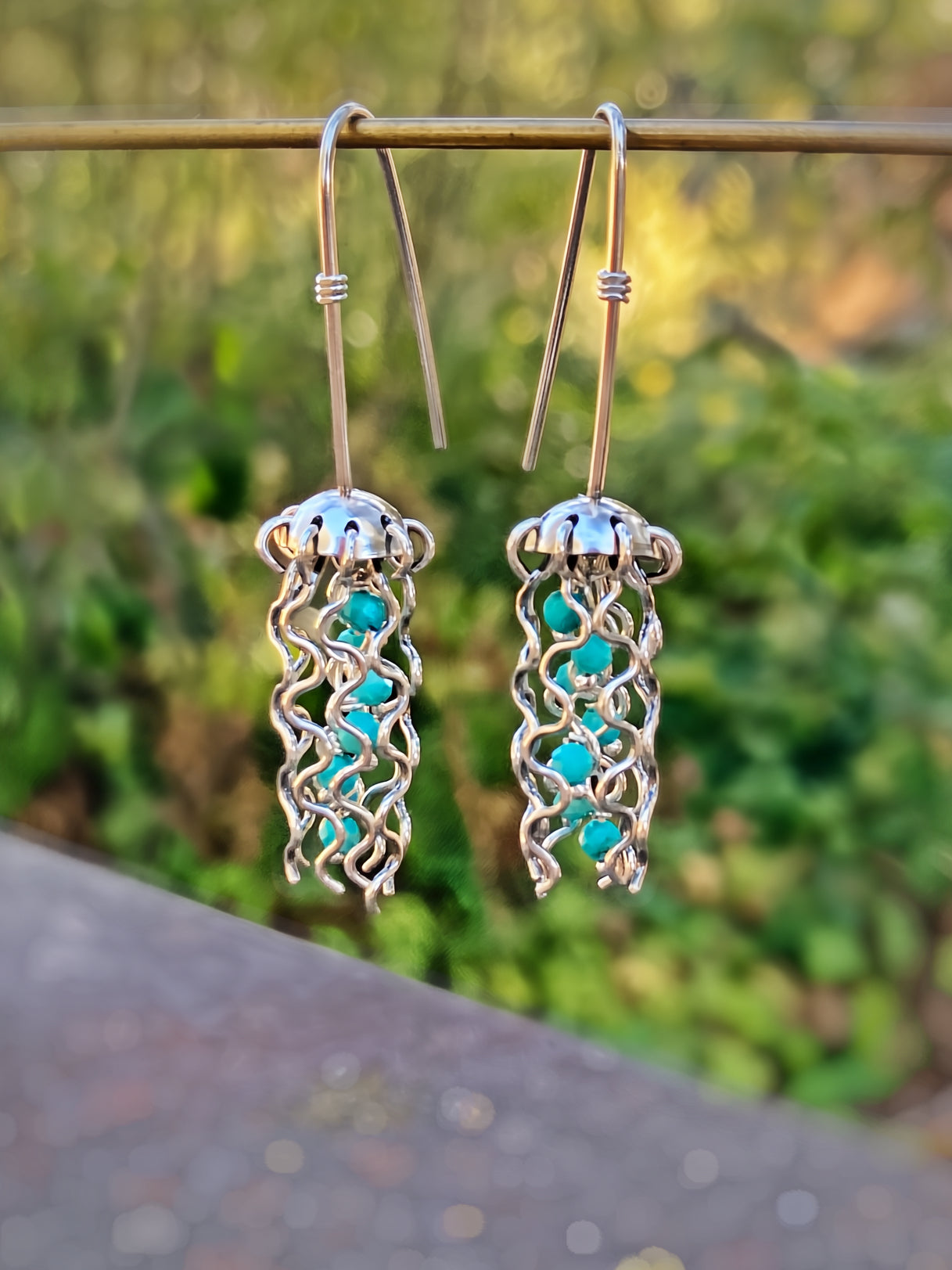 Alison Morse Mini Jellyfish Earrings in Sterling Silver with Turquoise Beads and Hypoallergenic Niobium Earwires