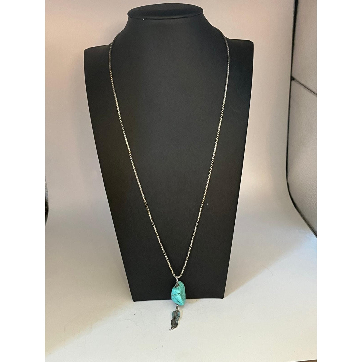 Sterling silver turquoise nugget feather pendant chain necklace - Sarasotabydesign