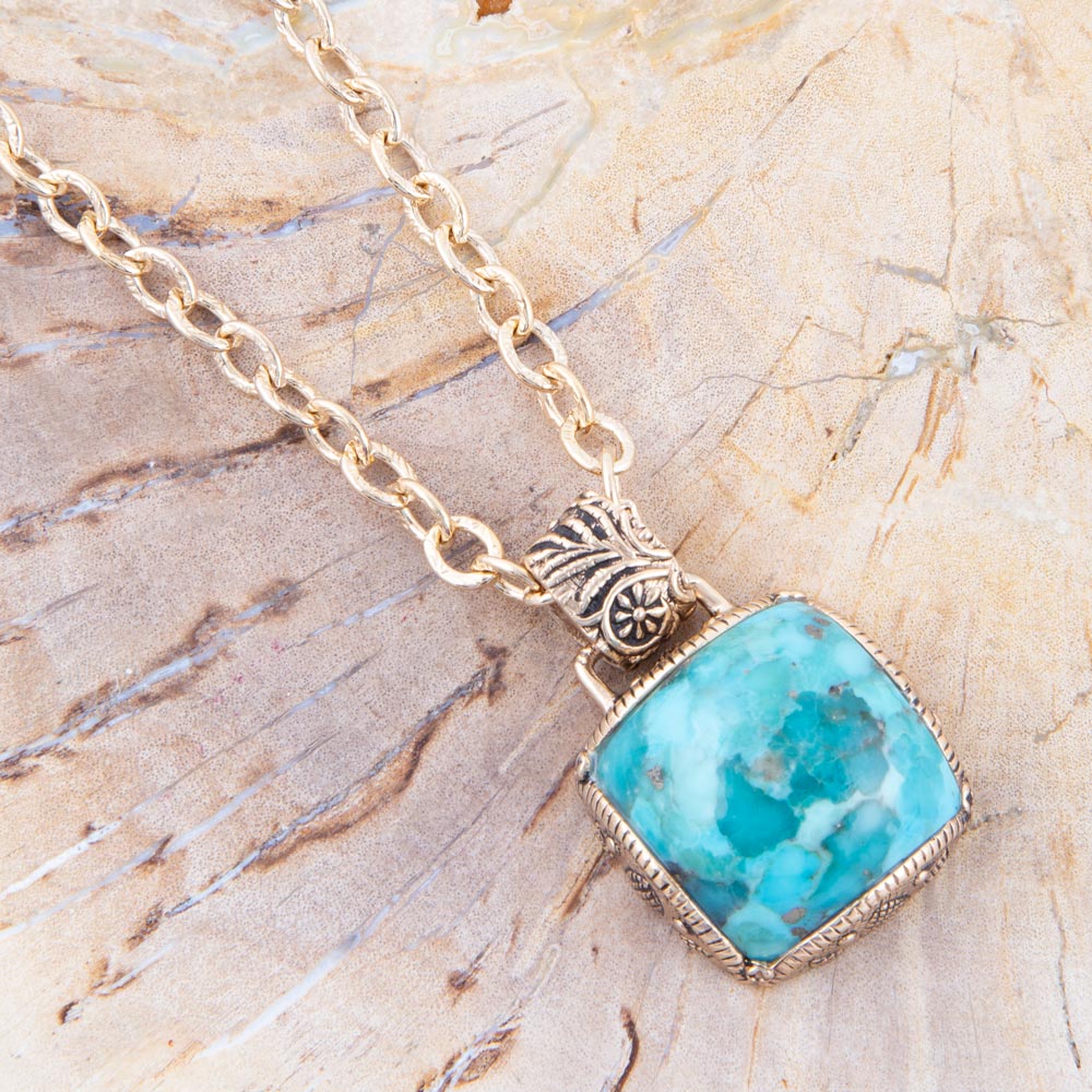 Barse Jewelry Carved Blue Turquoise Stone Golden Pendant Necklace