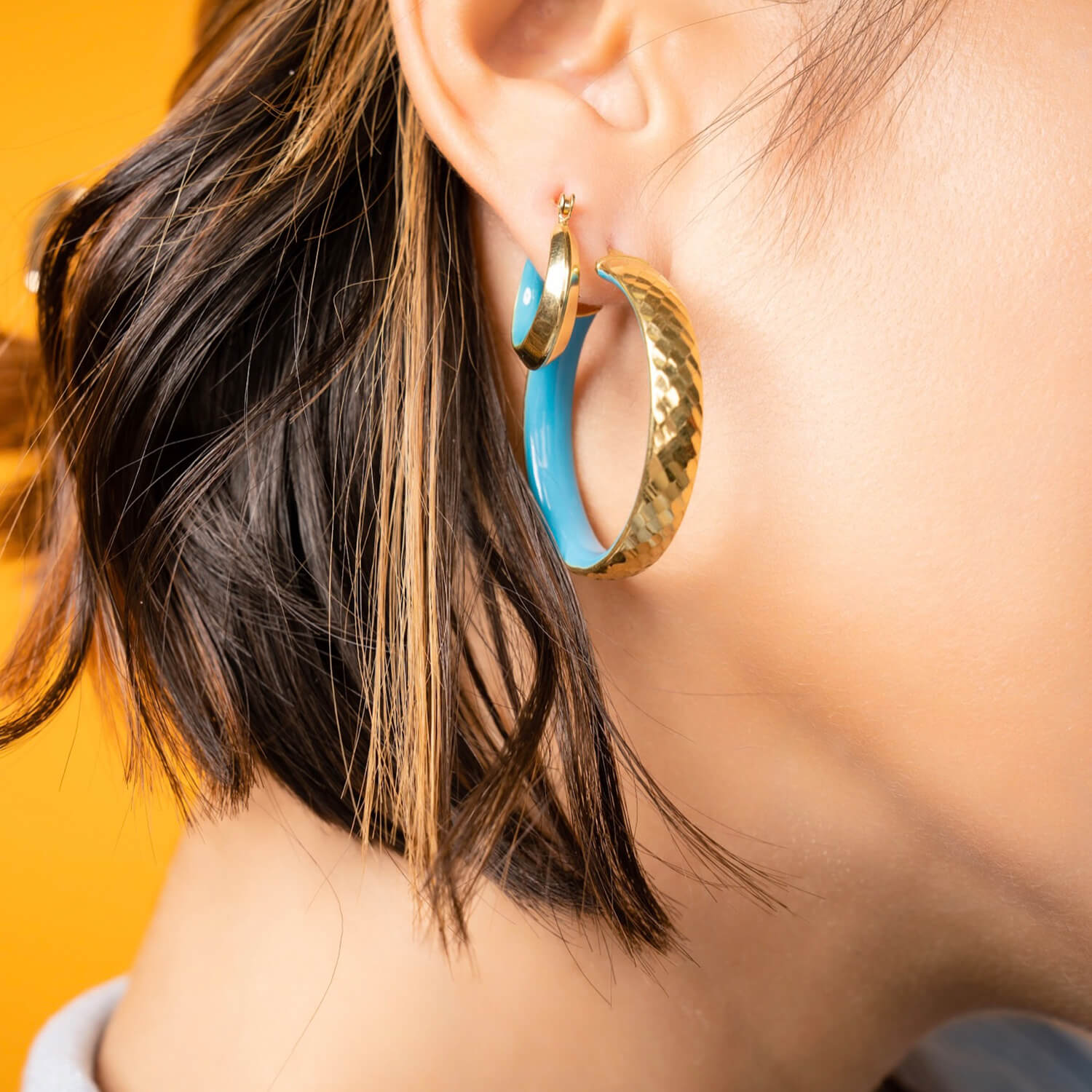 Gold & Honey Enamel Hammered Hoop Earrings