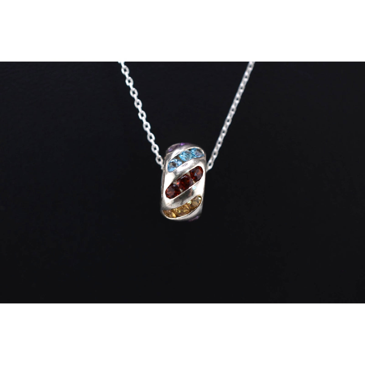 Vintage 925 Sterling Silver Multi-Gem Wheel Pendant Necklace