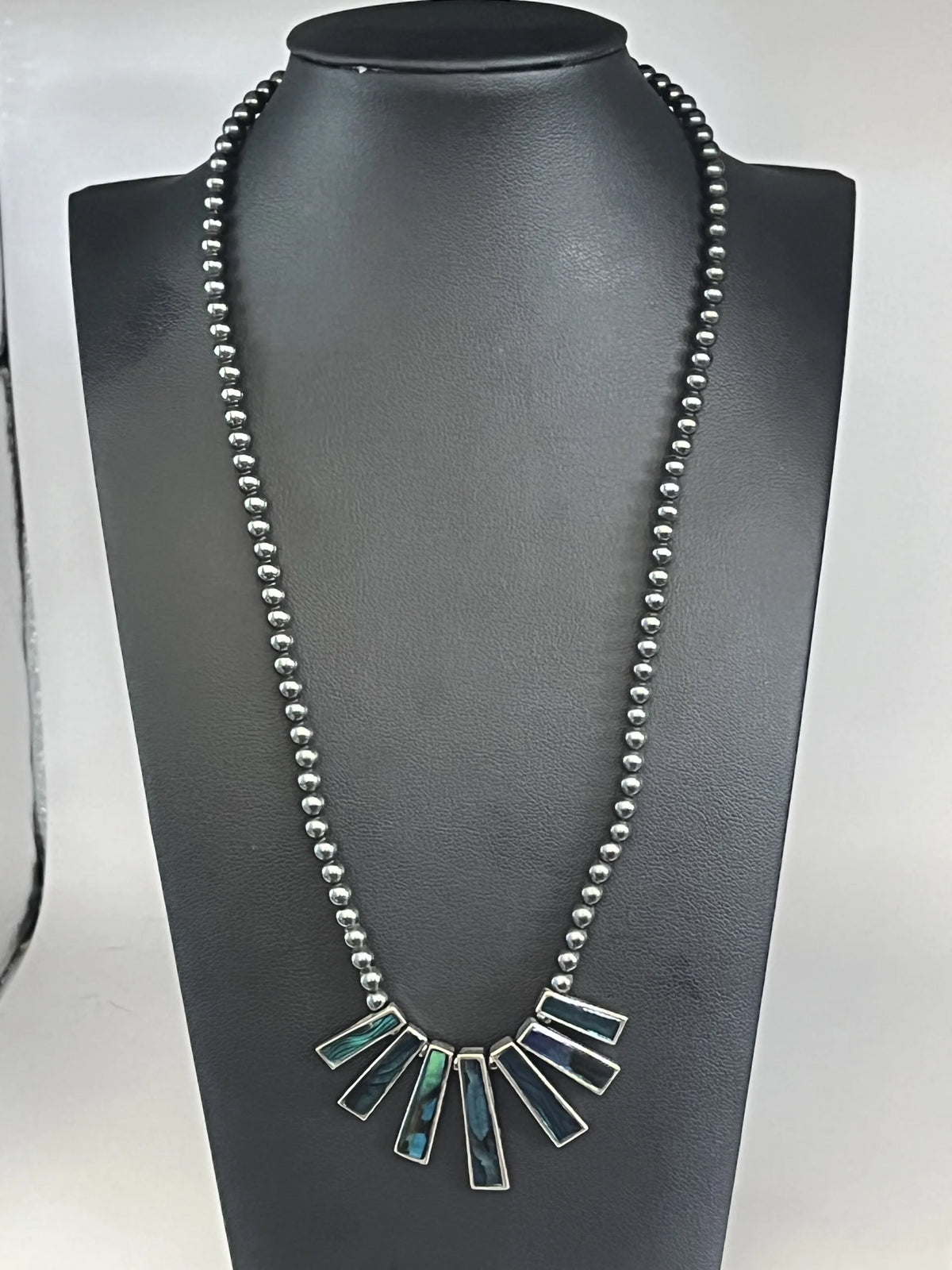 Vintage Hematite Beaded Green Blue Stone Pendant Necklace