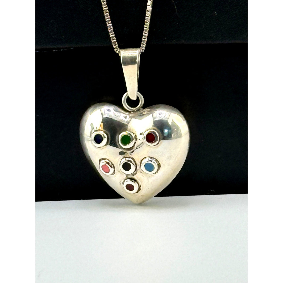 Vintage Mexico 925 Sterling Silver Enameled Rattle Heart Pendant Necklace