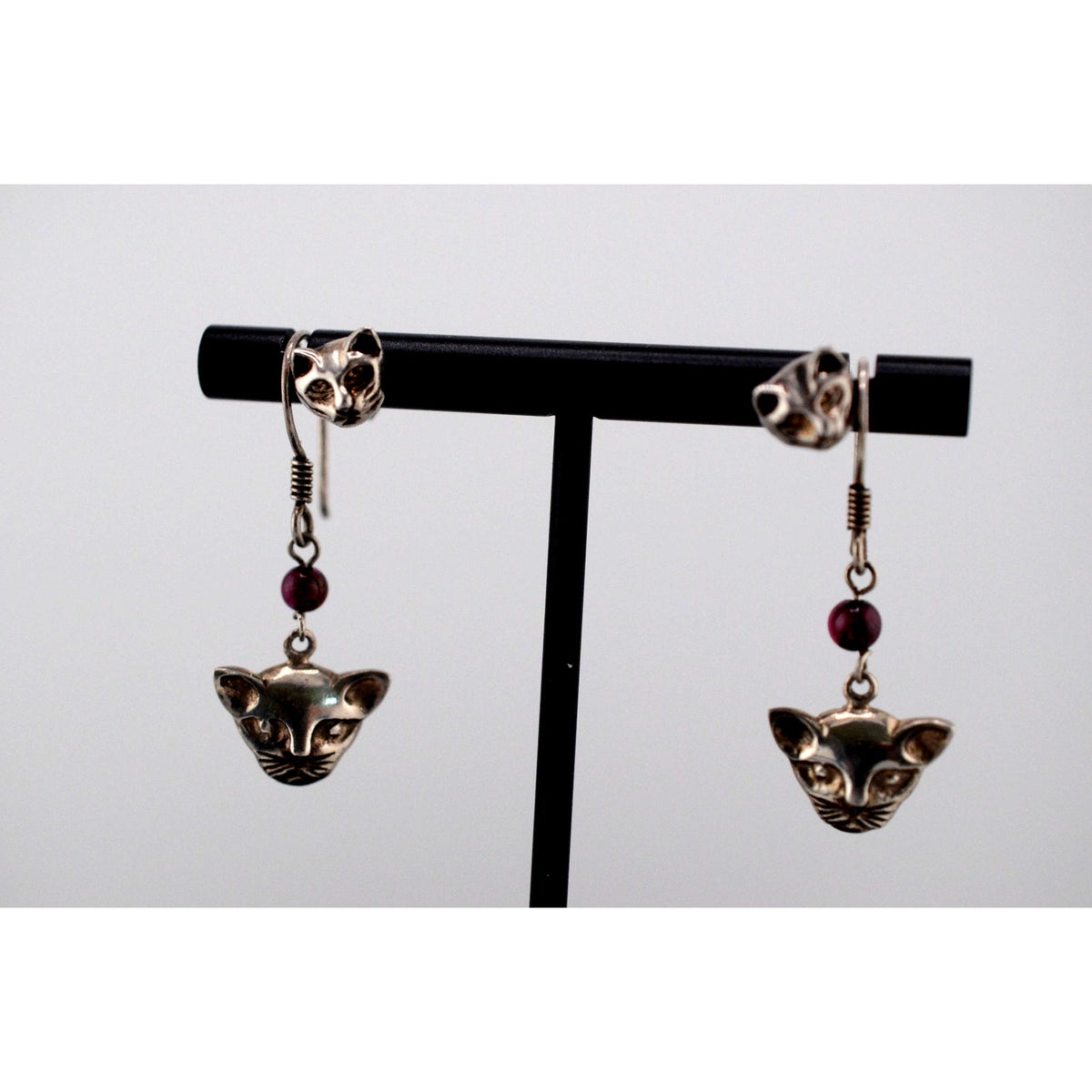 Vintage Set of Two 925 Silver Cat Stud and Dangle Earrings
