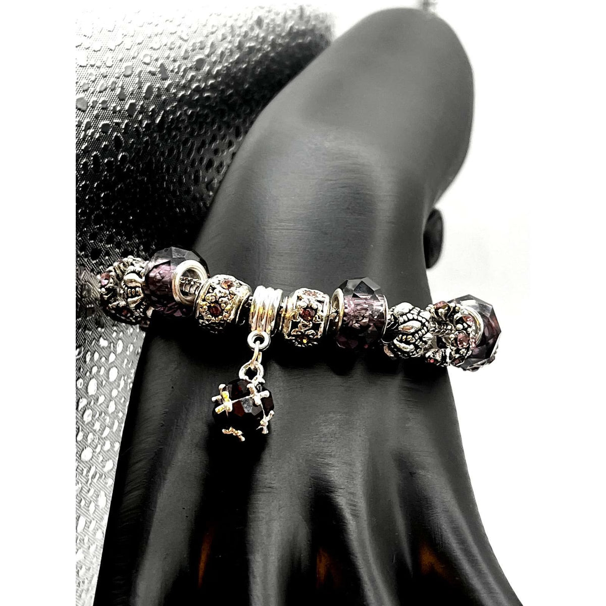 Vintage Silver Plated Pink/Purple Swarovski Crystal Charm Bracelet