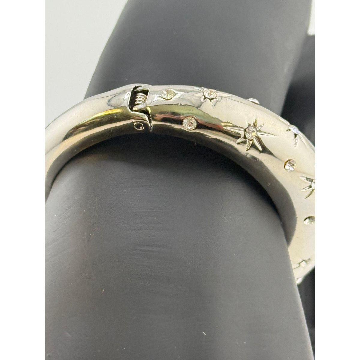 Vintage Silver Tone Rhinestone Domed Hinged Bracelet - Sarasotabydesign